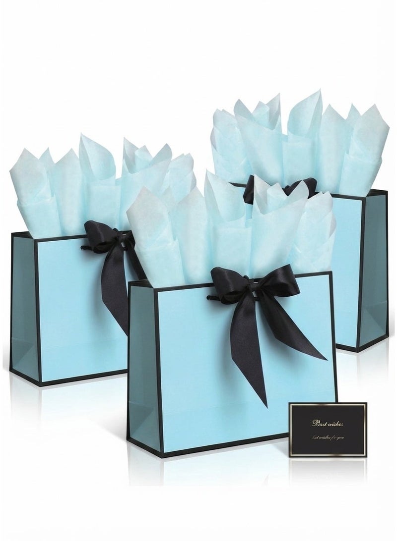 Neox 3 Pcs Blue Large Gift Bags, Paper Bags with Ribbon, Greeting Cards and Tissue Paper, Portable Party Bags with Handles, Birthday Gift Bags, Present Bags for Wedding Party, Party Supplies - Image 1