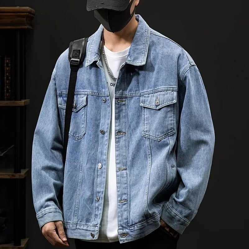 Men's Vintage Washed Denim Jacket, Loose Fit Multi-Pocket Lapel Collar - Image 5