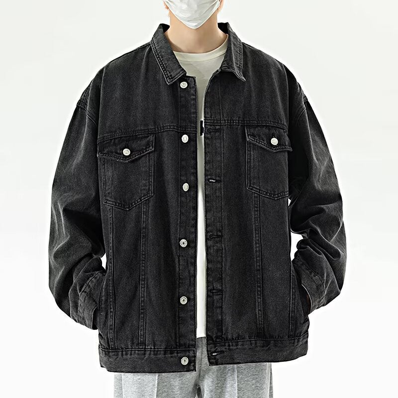 Men's Vintage Washed Denim Jacket, Loose Fit Multi-Pocket Lapel Collar - Image 1