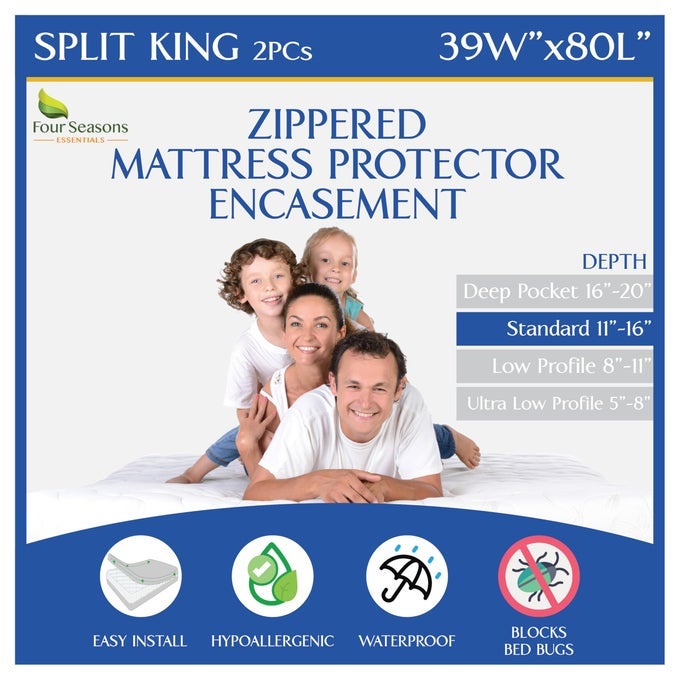 SPLIT KING MATTRESS ENCASEMENT 39 X 80 2PCS WATERPROOF ZIPPERED PROTECTOR HYPOALLERGENIC PREMIUM QUALITY BED COVER