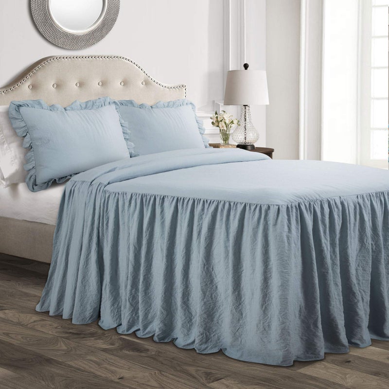 Lush Decor Lush Decor Ruffle Skirt Bedspread Set - 3 Piece Luxurious Farmhouse Bedding Set - Elegant, Charming Ruffle Detail - Timeless Style & Classic Design - Soft and Lightweight - Queen, Lake Blue  - Image 1