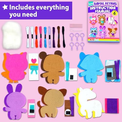 KRAFUN Unicorn Sewing Keyring Kit for Kids Age 7 8 9 10 11 12 Learn Art & Craft, Includes 6 Stuffed Animal Bear, Dog, Rabbit, Raccoon, Owl Dolls, Instruction & Felt Materials - Image 2