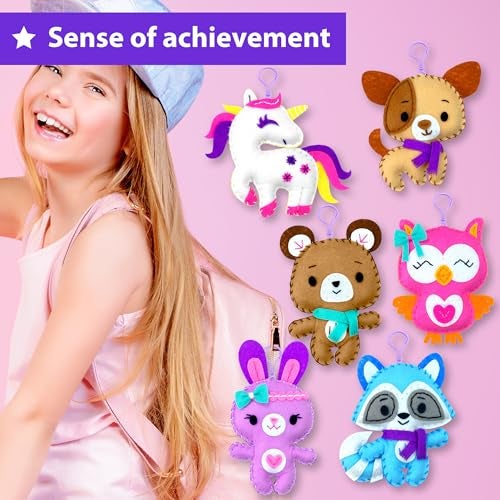 KRAFUN Unicorn Sewing Keyring Kit for Kids Age 7 8 9 10 11 12 Learn Art & Craft, Includes 6 Stuffed Animal Bear, Dog, Rabbit, Raccoon, Owl Dolls, Instruction & Felt Materials - Image 5
