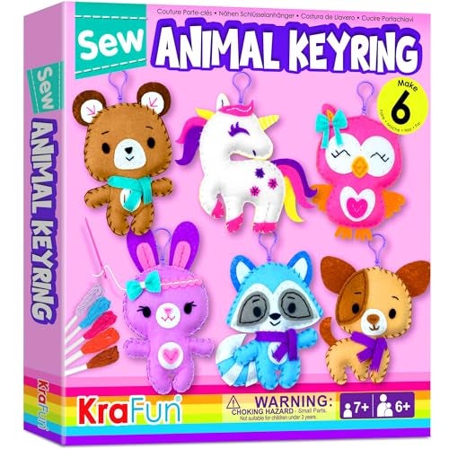 KRAFUN Unicorn Sewing Keyring Kit for Kids Age 7 8 9 10 11 12 Learn Art & Craft, Includes 6 Stuffed Animal Bear, Dog, Rabbit, Raccoon, Owl Dolls, Instruction & Felt Materials - Image 1