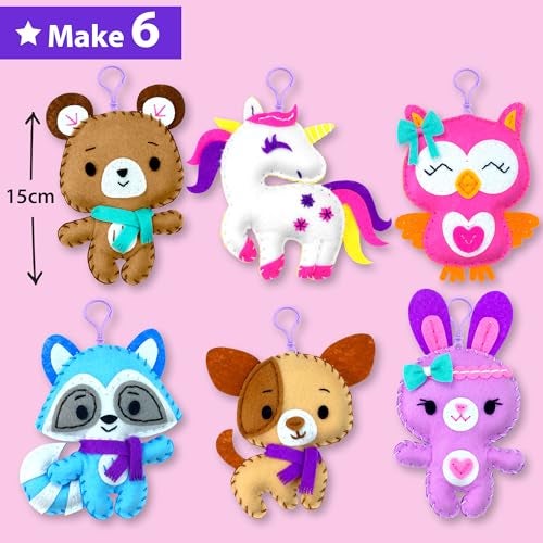 KRAFUN Unicorn Sewing Keyring Kit for Kids Age 7 8 9 10 11 12 Learn Art & Craft, Includes 6 Stuffed Animal Bear, Dog, Rabbit, Raccoon, Owl Dolls, Instruction & Felt Materials - Image 3