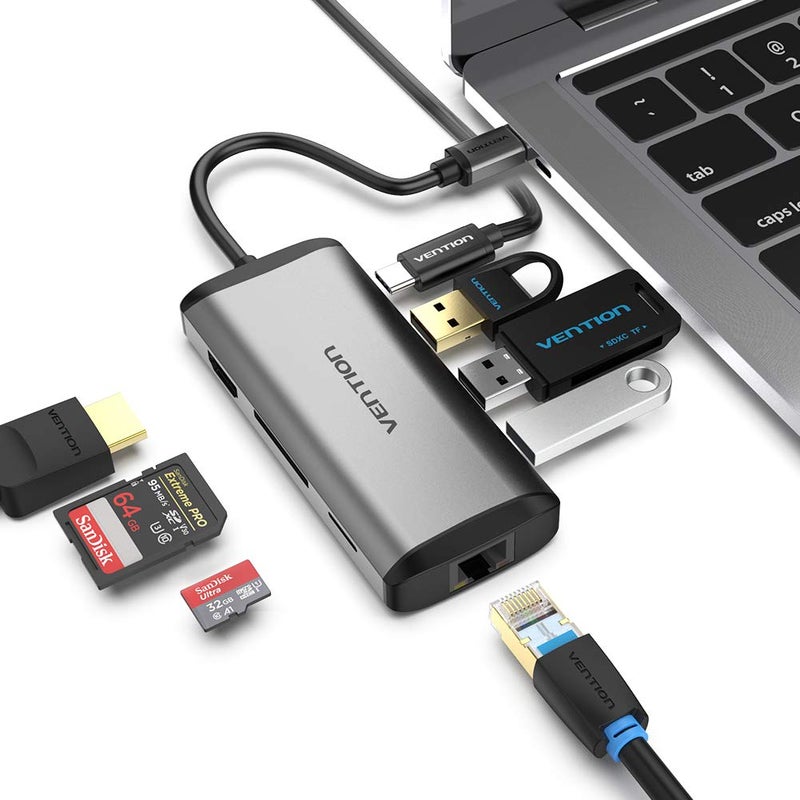 USB C HUB, VENTION 8 in 1 Type-C Hub with 4K HDMI Port, Type C Charging Port, RJ45 Ethernet, 3 USB 3.0 Ports, SD Card Reader Compatoble with MacBook Pro, Chromebook Pixel