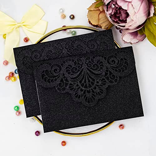 Builcker Greeting Card, 20 Pcs Laser Cut Black Glitter Invitation Card for Wedding, Party, Birthday, Graduation, New Year & Other Occasions with Envelope - Image 2