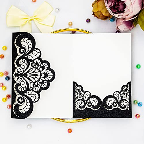 Builcker Greeting Card, 20 Pcs Laser Cut Black Glitter Invitation Card for Wedding, Party, Birthday, Graduation, New Year & Other Occasions with Envelope - Image 3