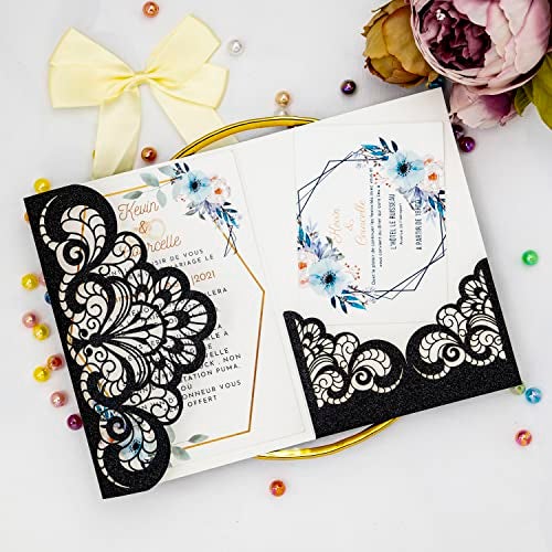 Builcker Greeting Card, 20 Pcs Laser Cut Black Glitter Invitation Card for Wedding, Party, Birthday, Graduation, New Year & Other Occasions with Envelope - Image 5