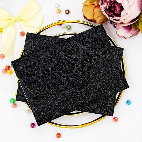 Builcker Greeting Card, 20 Pcs Laser Cut Black Glitter Invitation Card for Wedding, Party, Birthday, Graduation, New Year & Other Occasions with Envelope - Image 1