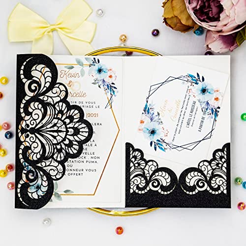 Builcker Greeting Card, 20 Pcs Laser Cut Black Glitter Invitation Card for Wedding, Party, Birthday, Graduation, New Year & Other Occasions with Envelope - Image 4