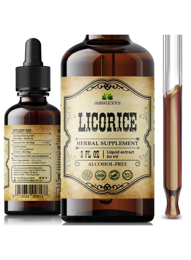 HERBALICIOUS مستخلص جذور العرقسوس غليسيرريزا غلابرا مكمل عشبي عضوي لتحسين الهضم واستعادة صحة الجهاز التنفسي ودعم المناعة والتعب نباتي خالي من الغلوتين صبغة سائلة (2 أونصة سائلة)  - Image 1