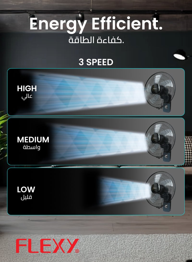 فليكسي 16 بوصة الحائط مروحة كهربائية للمنزل مكتب مساكن صالات رياضية وتنمو الخيام | 180 درجة تتأرجح 3 سرعات مروحة جدارية معدنية | مع جدار جبل  - Image 3