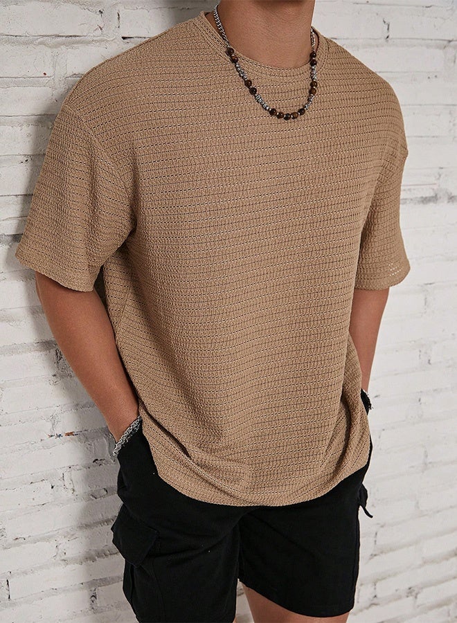 Men Solid Color Beach Plain Textured Short Sleeve T-Shirt, Boyfriend Gift, For Going Out