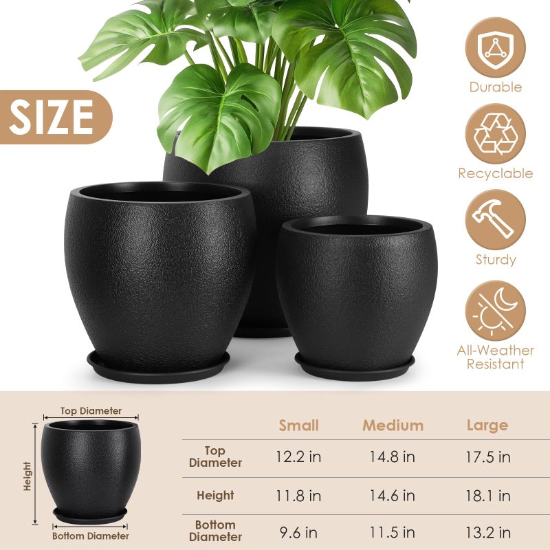 YNNICO Plant Pots 17.5/14.8/12.2 inch Set of 3, Flower Pots with Drainage Holes, Large Planters for Indoor Outdoor Garden Plants and Flowers. (Black) - Image 2
