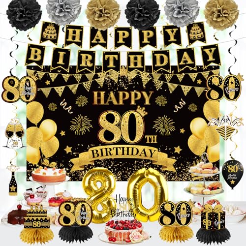Eucutur 42PCS 80th Birthday Decoration Kit for Men Women, Black Gold Happy 80th Bday Banner Balloons Honeycomb Centerpiece Swirl Paper Pompoms Party Supplies, 80 Bday Sash Table Cake Topper Swirls Set - Image 4