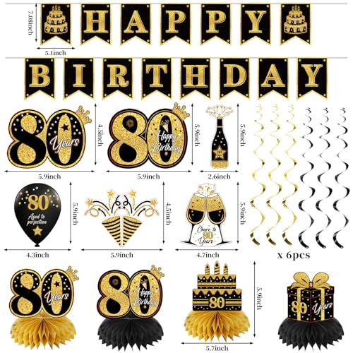 Eucutur 42PCS 80th Birthday Decoration Kit for Men Women, Black Gold Happy 80th Bday Banner Balloons Honeycomb Centerpiece Swirl Paper Pompoms Party Supplies, 80 Bday Sash Table Cake Topper Swirls Set - Image 2