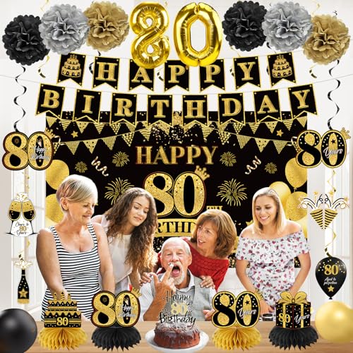 Eucutur 42PCS 80th Birthday Decoration Kit for Men Women, Black Gold Happy 80th Bday Banner Balloons Honeycomb Centerpiece Swirl Paper Pompoms Party Supplies, 80 Bday Sash Table Cake Topper Swirls Set - Image 5