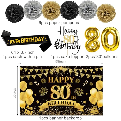 Eucutur 42PCS 80th Birthday Decoration Kit for Men Women, Black Gold Happy 80th Bday Banner Balloons Honeycomb Centerpiece Swirl Paper Pompoms Party Supplies, 80 Bday Sash Table Cake Topper Swirls Set - Image 3