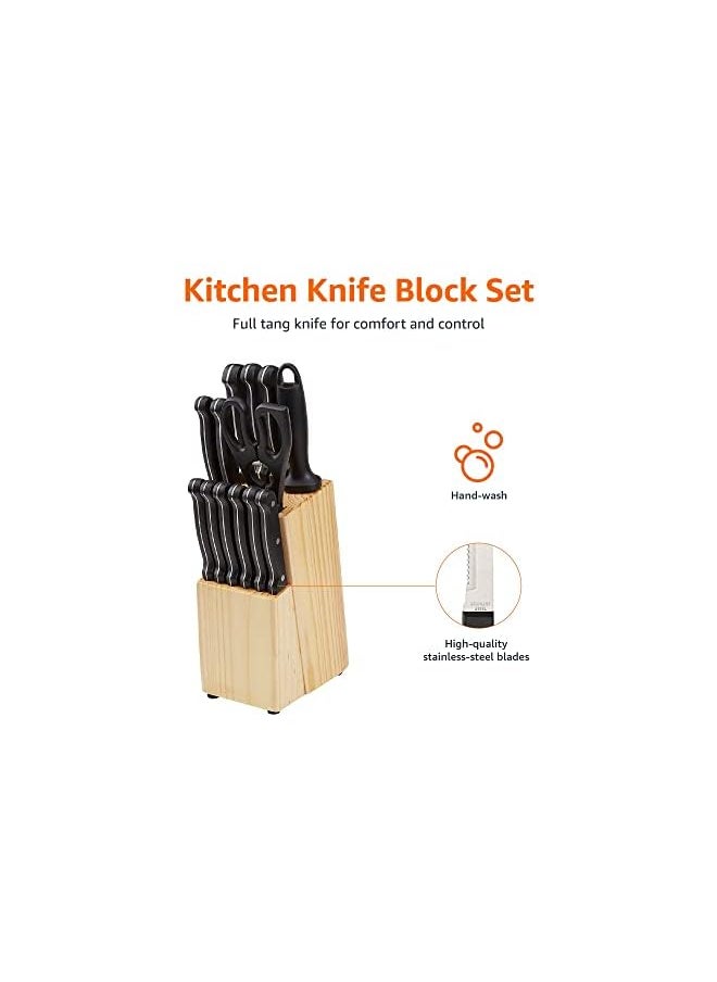 vesus Basics 14-Piece Kitchen Knife Set with High-Carbon Stainless-Steel Blades and Pine Wood Block, Black  - Image 2