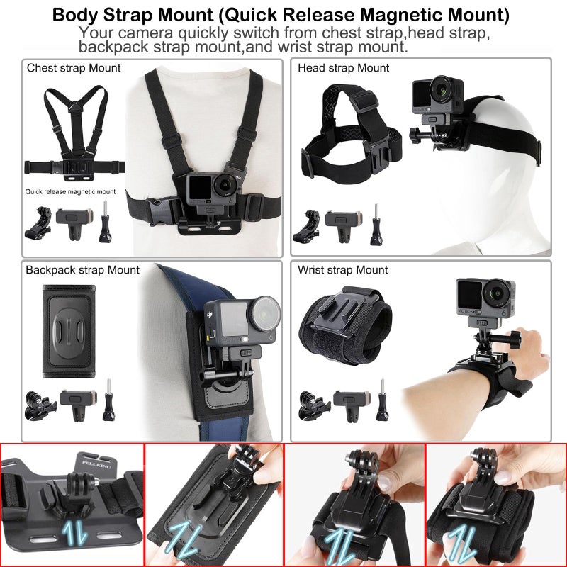PellKing Accessories Kit for DJI Osmo Action 6,Carrying Case with Belt 135cm Selfie Stick Tripod Waterproof Housing Suction Cup Magnetic Handlebar Mount Qucik Release Clip 4 in 1 Body Mount - Image 4