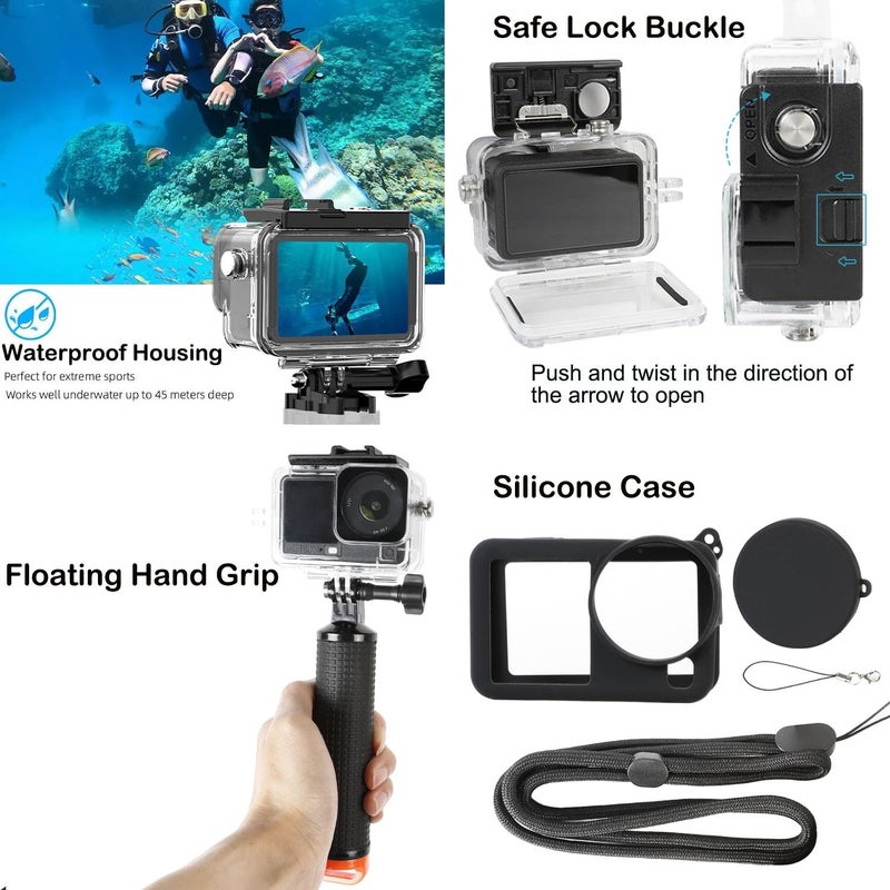 PellKing Accessories Kit for DJI Osmo Action 6,Carrying Case with Belt 135cm Selfie Stick Tripod Waterproof Housing Suction Cup Magnetic Handlebar Mount Qucik Release Clip 4 in 1 Body Mount - Image 5