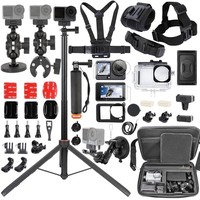 PellKing Accessories Kit for DJI Osmo Action 6,Carrying Case with Belt 135cm Selfie Stick Tripod Waterproof Housing Suction Cup Magnetic Handlebar Mount Qucik Release Clip 4 in 1 Body Mount - Image 1