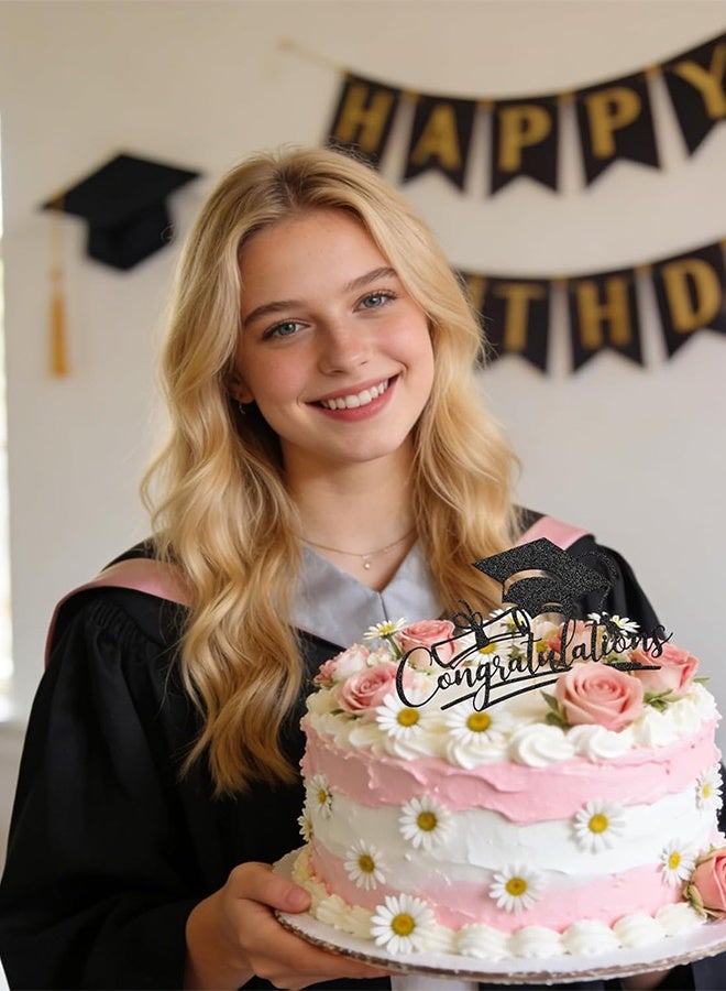 KANGLI Congratulations Graduation Cake Topper, Congrats Grad Cake Decor for Graduation Parties, Successes and Happy Occasions, High School, College and Senior Graduation Party Decorations Supplies, Black - Image 2