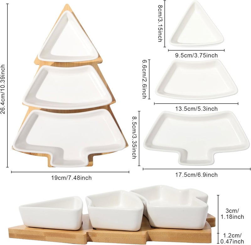 eBoot EBOOT 2 Sets Christmas Tree Dessert Serving Dishes Tree Plates Chip and Dip Set Christmas Serving Platter Removable Porcelain Plates with Bamboo Tray for PartyWhite  - Image 3