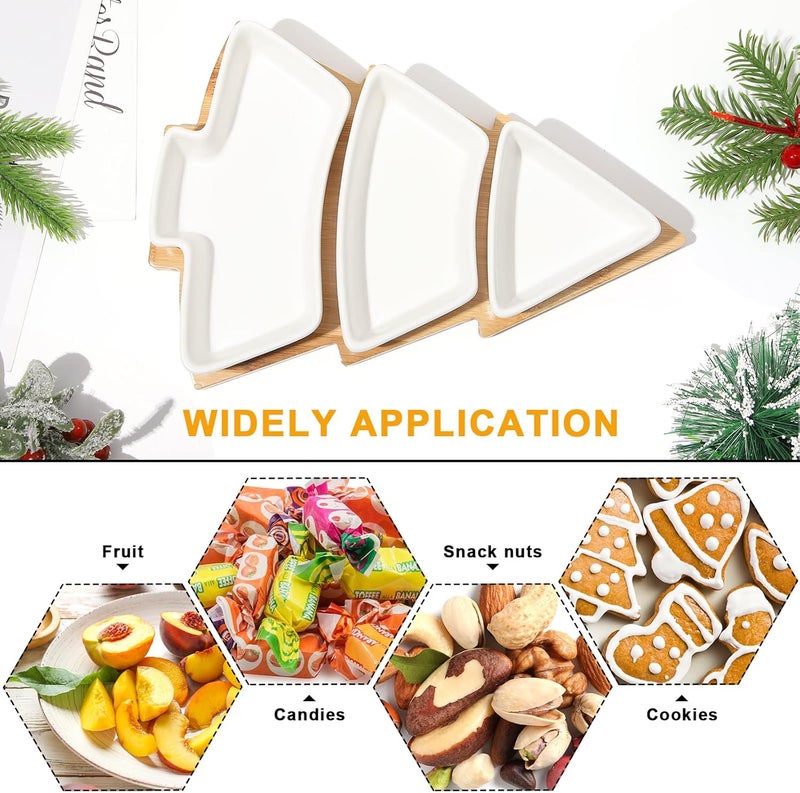 eBoot EBOOT 2 Sets Christmas Tree Dessert Serving Dishes Tree Plates Chip and Dip Set Christmas Serving Platter Removable Porcelain Plates with Bamboo Tray for PartyWhite  - Image 4