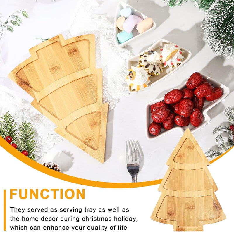 eBoot EBOOT 2 Sets Christmas Tree Dessert Serving Dishes Tree Plates Chip and Dip Set Christmas Serving Platter Removable Porcelain Plates with Bamboo Tray for PartyWhite  - Image 5