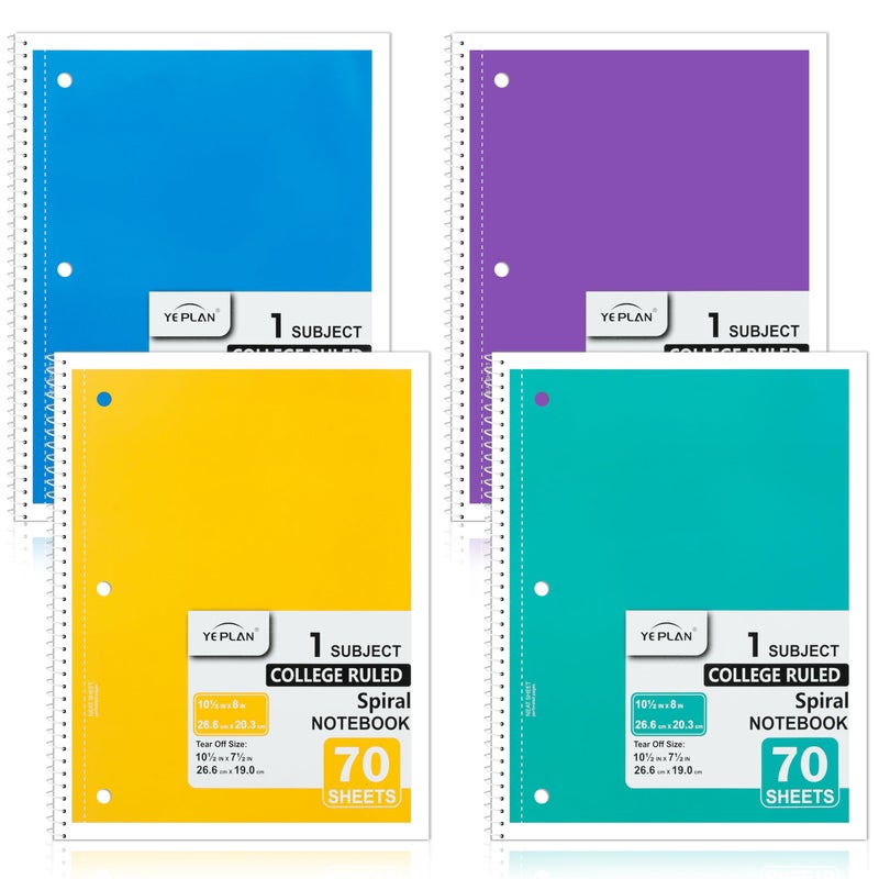 Yeplan Spiral Notebooks 4 Pack, College Ruled Notebook Paper, 1 Subject Notebook for School & Work, 8" x 10-1/2", 70 Sheets per Notebook, 4 Assorted Colors - Image 1