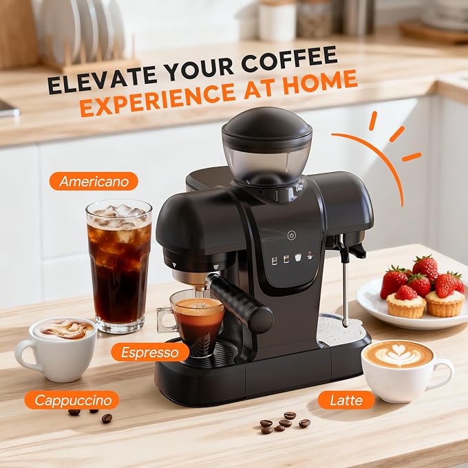 RECAFIMIL Semi-Automatic Espresso Machine with Grinder, 20 Bar Professional Coffee Maker with Milk Frother, Latte & Cappuccino, Compact for Home Use, Black - Image 2