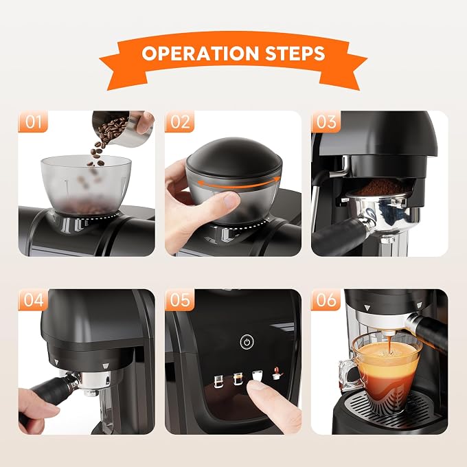 RECAFIMIL Semi-Automatic Espresso Machine with Grinder, 20 Bar Professional Coffee Maker with Milk Frother, Latte & Cappuccino, Compact for Home Use, Black - Image 3