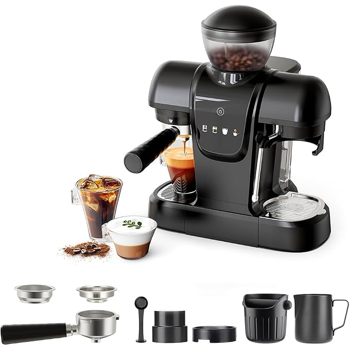 RECAFIMIL Semi-Automatic Espresso Machine with Grinder, 20 Bar Professional Coffee Maker with Milk Frother, Latte & Cappuccino, Compact for Home Use, Black - Image 1