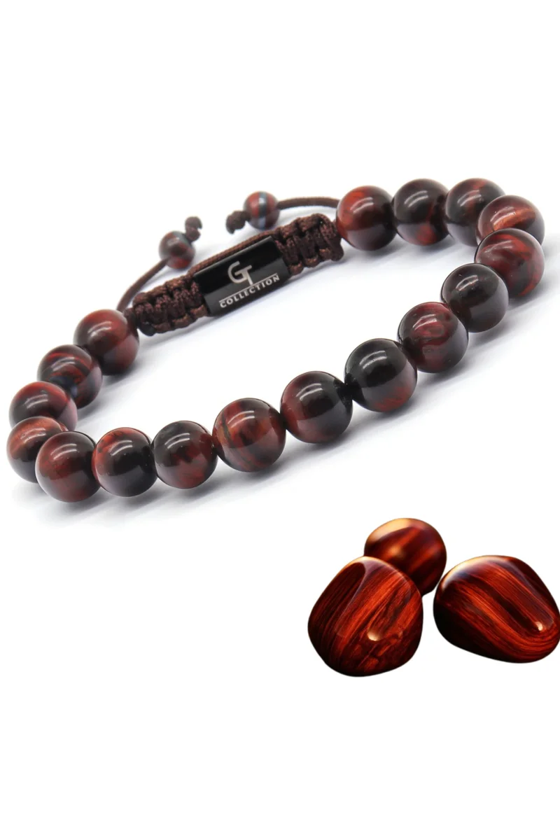 لونورا خرز عين النمر الأحمر سوار خرز من الحجر الطبيعي مصنوع يدويًا – سوار للرجال، سوار رجالي، هدية للرجال، أساور للرجال – قابل للتعديل بمقاس واحد للجميع