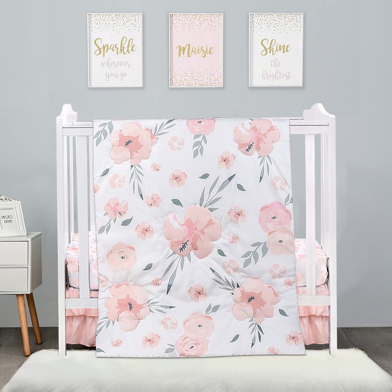 PINNKKU PINNKKU 3Piece Crib Bedding Set for Boy Girls Includes Crib Skirt Blanket Sheet Baby Bedding Floral Mini Size 