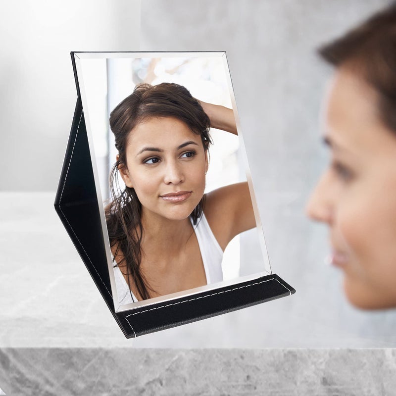 في أر هير ميرري أم مرآة مكياج محمولة قابلة للطي مع حامل قابل للتعديل من جلد البولي يوريثان لمستحضرات التجميل الشخصية الكبيرة - Image 5