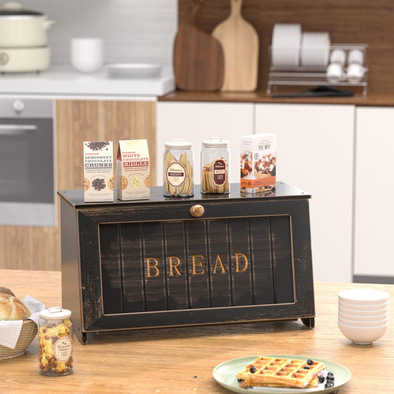TQQDCI Vintage Bread Box for Kitchen Countertop, Retro Design Bread Storage Container, Farmhouse Wooden Counter Breadbox, Small Bamboo Bread Bin Holder for Homemade Bread, Black - Image 4