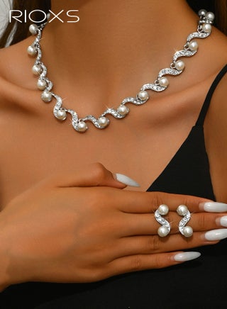 2 Pcs Elegant Bridal Pearl Jewelry Set, Rhinestone Necklace Earrings Set, S Shape Necklace Wedding Prom Dress Accessories Jewelry Sets for Bride Bridesmaid - view 4