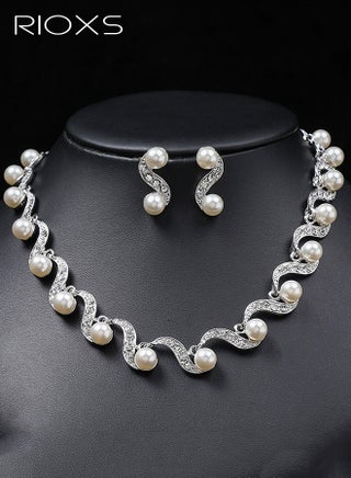 2 Pcs Elegant Bridal Pearl Jewelry Set, Rhinestone Necklace Earrings Set, S Shape Necklace Wedding Prom Dress Accessories Jewelry Sets for Bride Bridesmaid - view 3