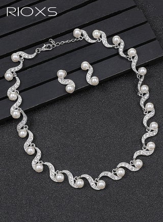 2 Pcs Elegant Bridal Pearl Jewelry Set, Rhinestone Necklace Earrings Set, S Shape Necklace Wedding Prom Dress Accessories Jewelry Sets for Bride Bridesmaid - view 2