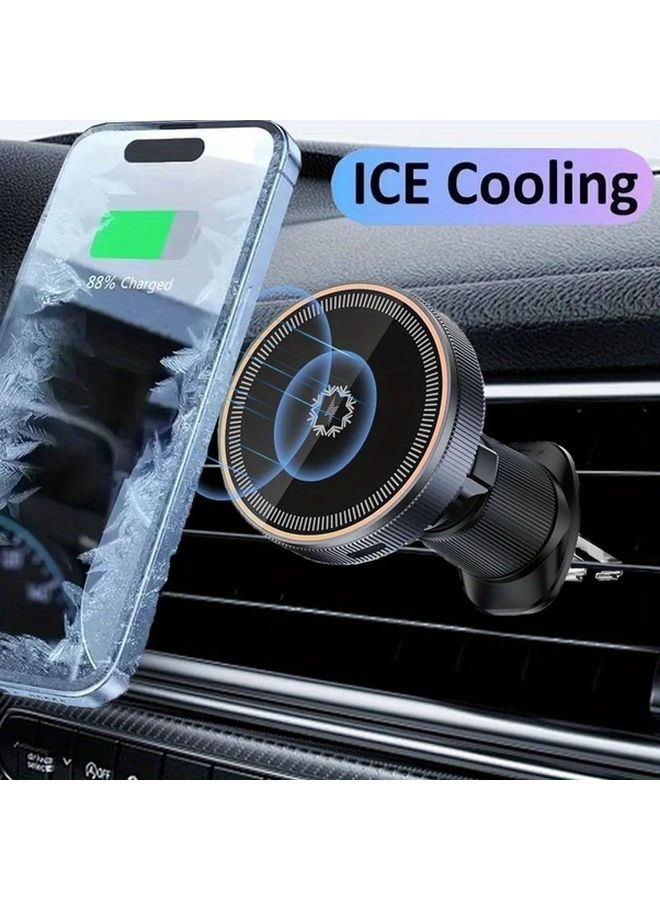 Black Magnetic Ice Cooling Car Wireless Charger Air Vent Mount With RGB Light Fast Charging For iPhone 16 15 14 13 12 Pro Max Plus - Image 1