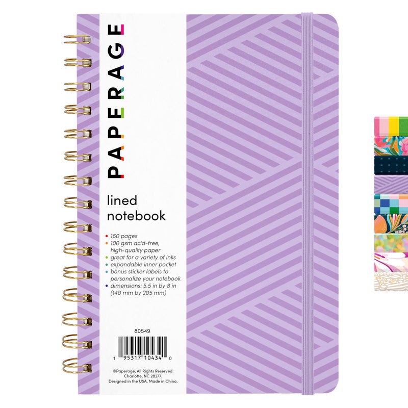PAPERAGE Lined Spiral Journal Notebook, (Geometric Lavender), 160 Pages, Hardcover Journal for Women & Men, Medium 5.5 in x 8 in - 100 GSM, Thick Paper, Spiral Notebook for Work, School & Journaling - Image 1