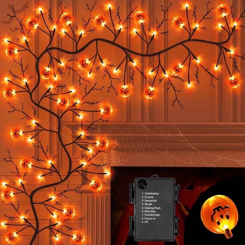 Jo.Devivre 9FT 72 LED Halloween Decorations Willow Vine Twig Garland with Timer & 8 Modes Orange Lights & 24 Pumpkin, Battery Operated Halloween Garland for Mantel Table Indoor Home Decor - Image 1