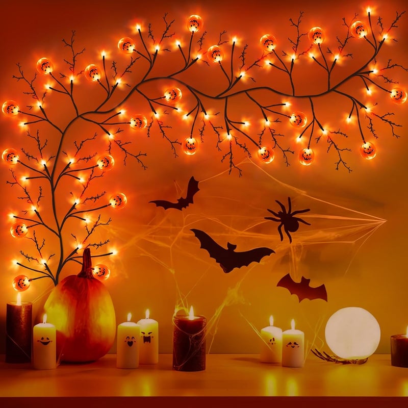 Jo.Devivre 9FT 72 LED Halloween Decorations Willow Vine Twig Garland with Timer & 8 Modes Orange Lights & 24 Pumpkin, Battery Operated Halloween Garland for Mantel Table Indoor Home Decor - Image 5