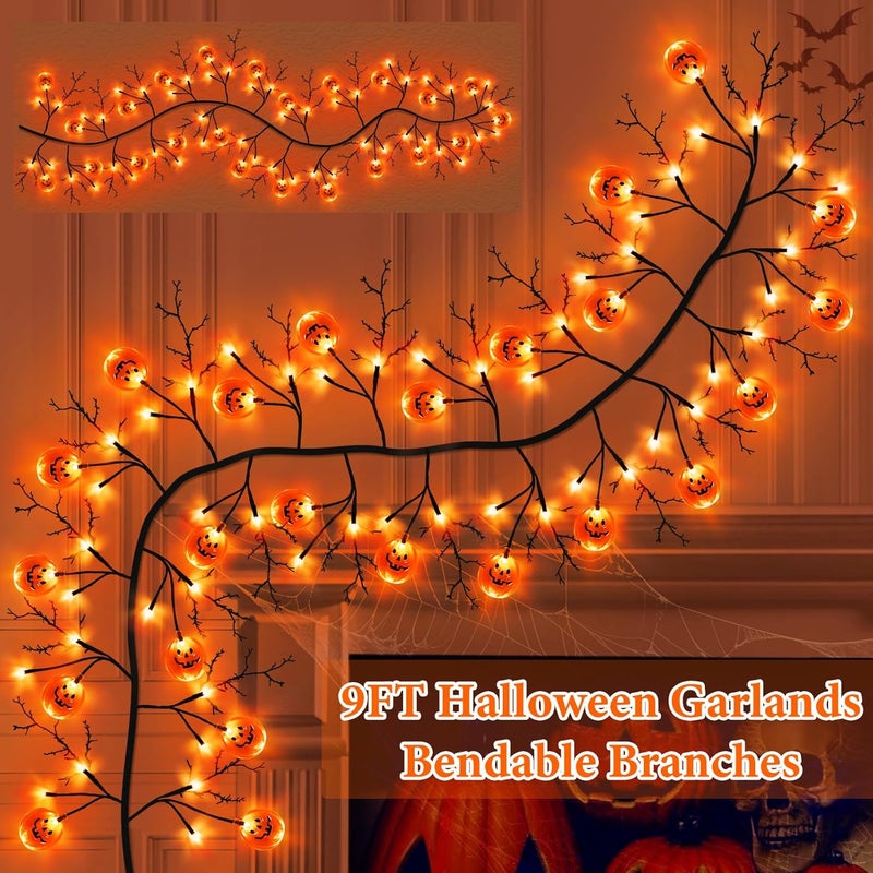 Jo.Devivre 9FT 72 LED Halloween Decorations Willow Vine Twig Garland with Timer & 8 Modes Orange Lights & 24 Pumpkin, Battery Operated Halloween Garland for Mantel Table Indoor Home Decor - Image 2