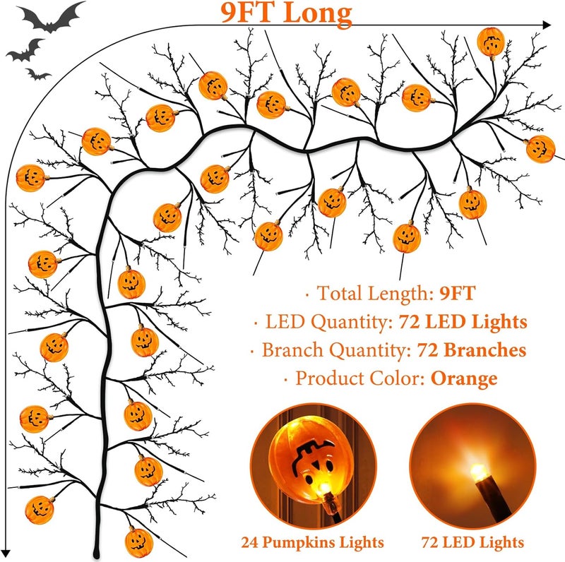 Jo.Devivre 9FT 72 LED Halloween Decorations Willow Vine Twig Garland with Timer & 8 Modes Orange Lights & 24 Pumpkin, Battery Operated Halloween Garland for Mantel Table Indoor Home Decor - Image 4