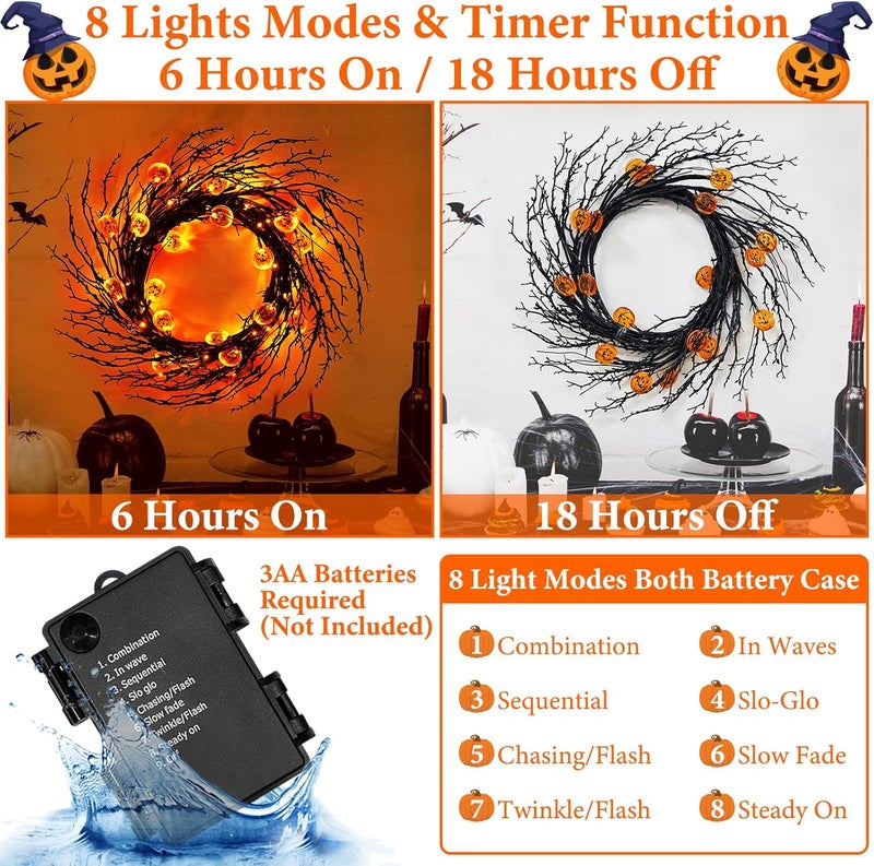 Jo.Devivre 9FT 72 LED Halloween Decorations Willow Vine Twig Garland with Timer & 8 Modes Orange Lights & 24 Pumpkin, Battery Operated Halloween Garland for Mantel Table Indoor Home Decor - Image 3