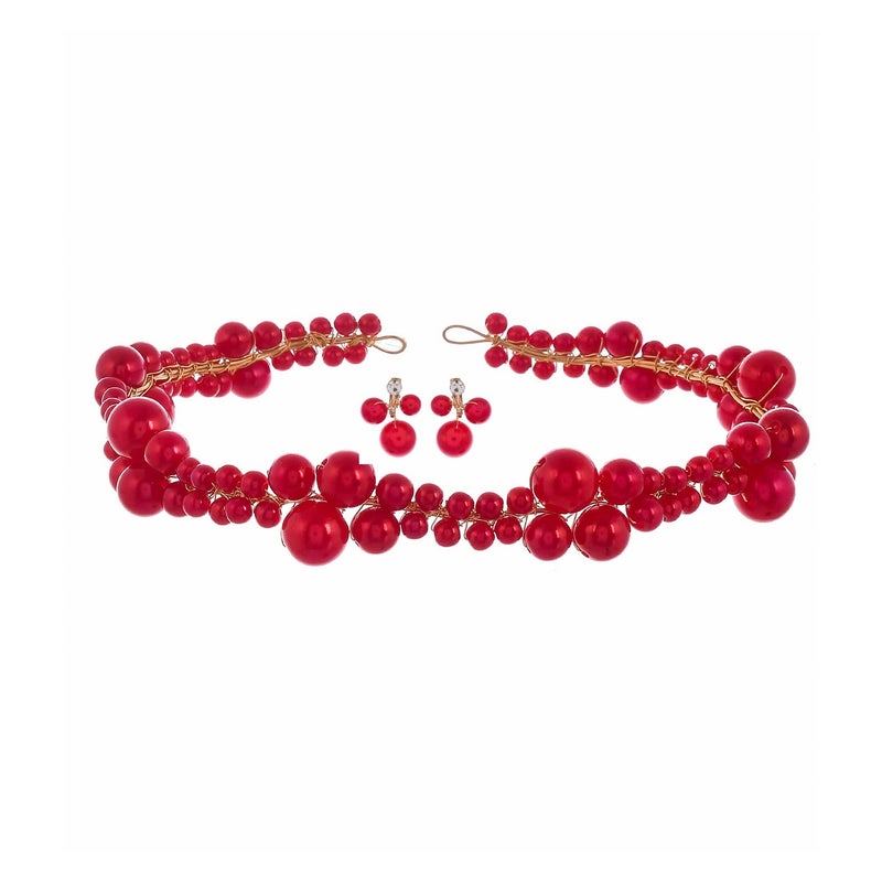 Aaishwarya Red Wedding Headband Bridal Handmade Pearls Hair Accessories with Earrings Alloy for Women and Girls - Image 1